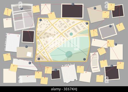 Detective board. Crime evidence connections chart, pinned newspaper and ...