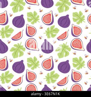 Fig seamless pattern with leaf and bees, organic fruit background vector Stock Vector