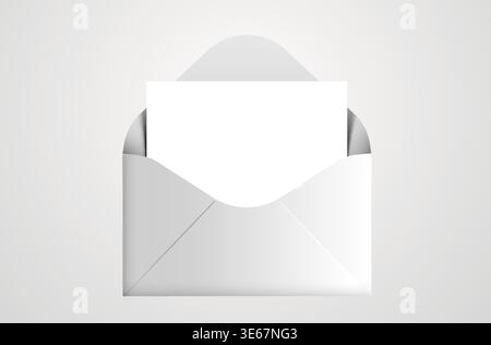 Minimalist vector illustration of an open white envelope with a blank card, perfect for messages or invitations. Vector illustration. Stock Vector