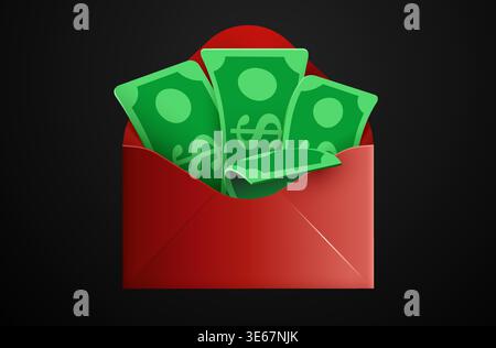 A bright red envelope overflowing with crisp green dollar bills, symbolizing wealth and financial success. Vector illustration Stock Vector