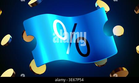 Dynamic blue discount coupon with percentage symbol and floating golden coins. Vector illustration Stock Vector