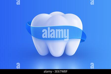 Healthy white tooth with blue ribbon on a blue background, symbolizing dental protection and oral care. Vector illustration. Stock Vector