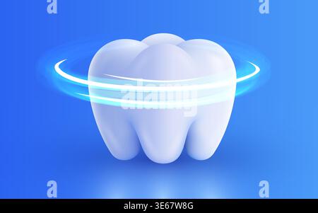 Healthy white tooth with a glowing blue aura. A symbol of dental care and oral hygiene. Vector illustration Stock Vector