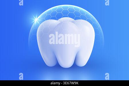 Protected healthy tooth with a shield on blue background, representing dental care and oral hygiene. Vector illustration. Stock Vector