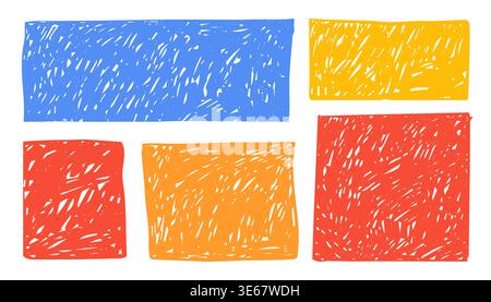 Crayon freehand scribble texture set text boxes, chalk frames. Borders in sketch style. Childlike grunge rectangles. . Vector illustration Stock Vector
