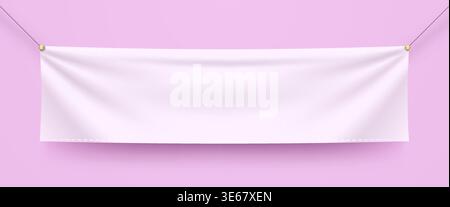 Blank white banner mock up on a soft pink background. This empty fabric sign is ready for your custom message. Vector illustration. Stock Vector
