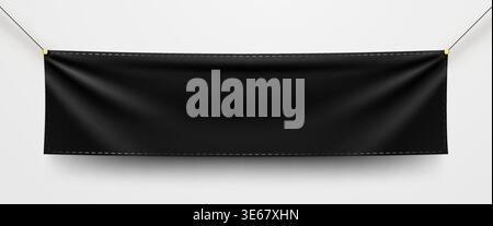 Blank black banner mockup hanging on a rope against a clean white wall, ready for custom text or graphics. Vector illustration Stock Vector