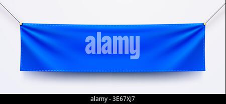 Empty blue textile banner mockup hanging on a white background. Ideal for advertising text or design. Vector illustration. Stock Vector
