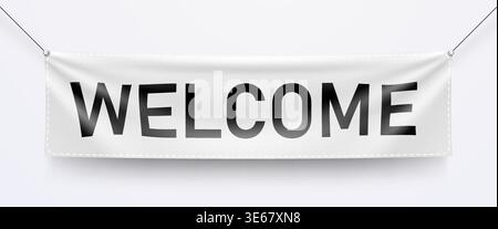 Realistic white Welcome banner. Hanging banner with text for greeting. Vector illustration Stock Vector