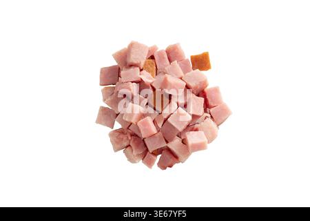 A top down view of a pile of chopped ham, against a white background. Stock Photo