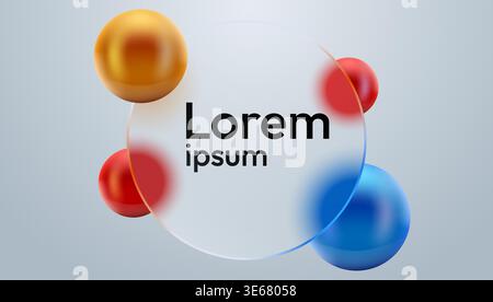 Modern glassmorphism circle frame with colorful 3D spheres on a light background. Abstract design template. Vector illustration. Stock Vector