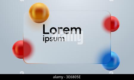 Modern glassmorphism frame with 3D spheres. Elegant abstract design for presentations and web. Vector illustration Stock Vector