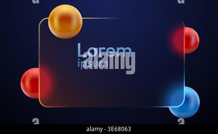 Sleek glassmorphism frame with colorful 3D spheres on a dark background, ideal for modern design. Vector illustration Stock Vector