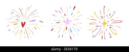 Crayon firework pastel confetti, hand drawn sketch chalk texture set. Kids color chalk pencil firecracker, sunburst, explosion. Vector illustration Stock Vector