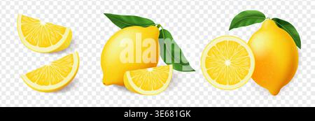 Realistic lemon fruits. Collection of whole lemons, slices and pieces with green leaves, fresh juicy ripe citrus set, highly detailed natural Stock Vector