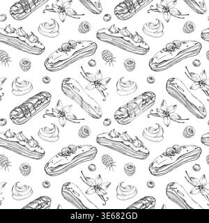 Eclairs seamless vector pattern, hand-drawn in ink. Ornament with sweet pastries, vanilla flowers Stock Vector