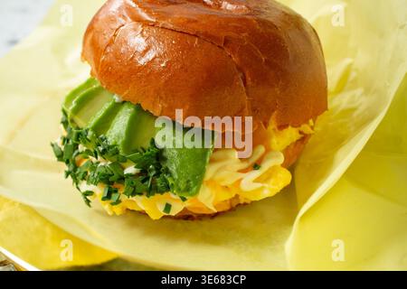 A view of an avocado egg sandwich. Stock Photo