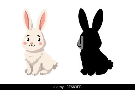 Cute white rabbit and its black silhouette for children educational game Stock Vector