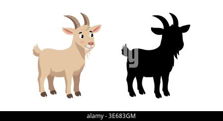Cute cartoon goat and its black silhouette for kids educational game Stock Vector