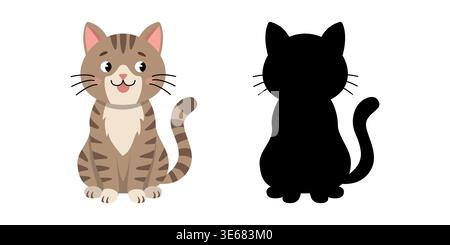 Cute striped cat and black silhouette for kids preschool task Stock Vector