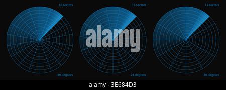 Earthquake focus radar, ship satellite sonar screen. Light effect of naval alert, sea pulse dashboard in plane gps compass. Blue vector tech bg for Stock Vector