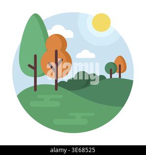 Forest landscape, different trees growing on hills vector icon. Nature sign. Graph symbol for travel and tourism web site and apps design, logo, app, Stock Vector