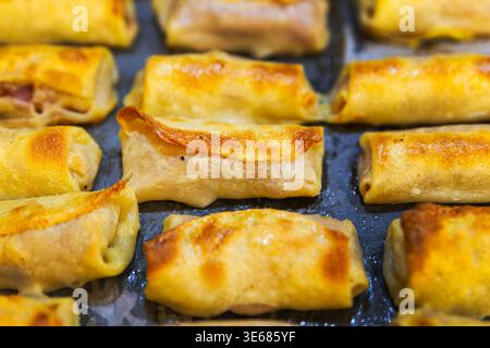 Macro Shot of Golden Brown Toasted Crepe Rolls with Meat Filling Stock Photo