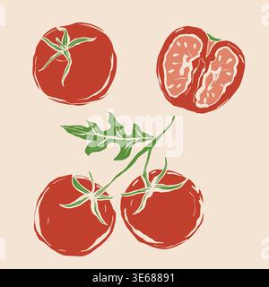 Red tomato set. Whole and sliced tomatoes, abstract fresh vegetables, food collection with green leaves and spots risograph effect, organic vegetarian Stock Vector