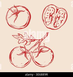 Monochrome tomatoes vector line art . Whole and half of garden vegetables realistic graphic sketch illustration. Food ingredients for recipes, cooking Stock Vector