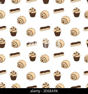 Bakery seamless pattern with chocolate eclairs and cupcakes on white vector illustration. Stock Vector