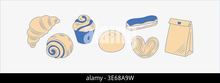 Bakery horizontal banner with blue pastry and paper bag vector illustration. Stock Vector