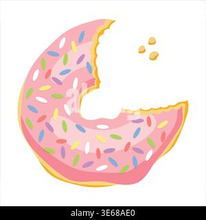 Flat vector illustration of bitten pink strawberry glazed donut with sprinkles and crumbs, isolated on white background for menu and food blog design  Stock Vector