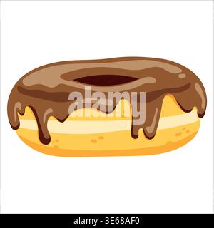 Flat vector illustration chocolate glazed donut, cute dessert isolated on white background  Stock Vector