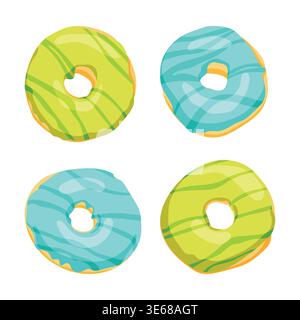 Cute flat vector set of 4 glazed donuts with sprinkles, blue and green dessert collection isolated on white background Stock Vector
