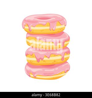 Flat vector illustration of stack of four pink strawberry glazed donuts, isolated on white background Stock Vector