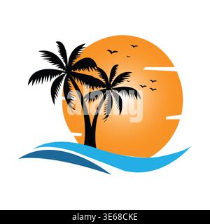 Tropical Sunset Beach Vector – Palm Trees, Ocean Waves, and Summer Paradise Island Illustration Stock Vector