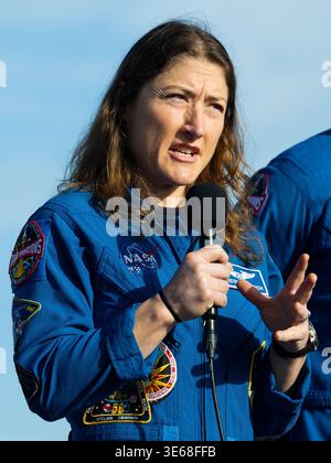 KENNEDY SPACE CENTER, FLORIDA, USA - 17 JANUARY 2026 - NASA astronaut Christina Koch, Artemis II mission specialist, second from left, speaks to members of the media as NASA’s Artemis II SLS (Space Launch System) rocket and Orion spacecraft rolls out to Launch Complex 39B at NASA’s Kennedy Space Center in Florida on Saturday, Jan. 17, 2026. In the coming weeks, engineers will prepare for the wet dress rehearsal, a two-day test that simulates launch day. The Artemis II test flight will take Koch, Commander Reid Wiseman, and Pilot Victor Glover from NASA, and Mission Specialist Jeremy Hansen fro Stock Photo