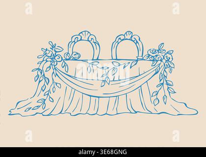 Hand drawn line festive wedding table with flowers  Stock Vector