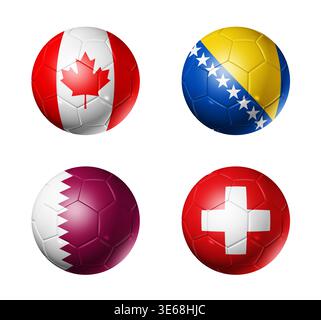 Soccer balls with group B teams flags, Football competition 2026. 3D illustration isolated on white background Stock Photo
