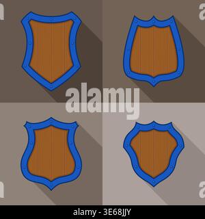 Vector set of wooden blue shields with shadows Stock Vector
