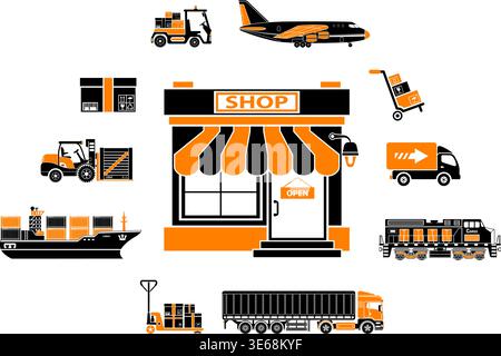Shipping and logistics horizontal banner with two color flat icons air cargo, trucking, ship, railroad freight, shop. typography concept. isolated vec Stock Vector