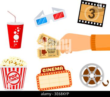 Cinema and Movie time concept with flat icons 3D glasses, popcorn and tickets in hands, isolated vector illustration Stock Vector