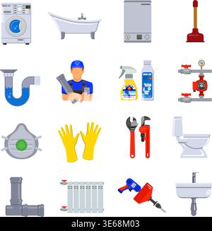 Plumbing Service Flat Icons Set with Plumber, Device and Tools items. Isolated vector illustration. Stock Vector