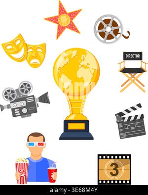 Cinema and Movie time concept with flat icons masks, 3D glasses, clapperboard and viewer with popcorn and soda in hands, isolated vector illustration Stock Vector