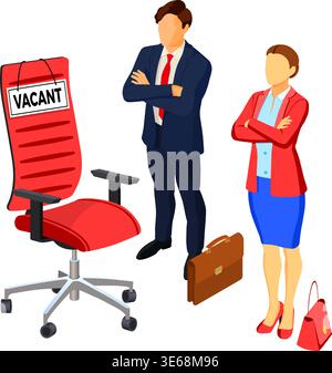 Isometric employment, recruitment and hiring concept. Job agency human resources. Job seeker and office chair with sign vacant. isolated vector illust Stock Vector