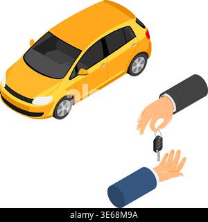Buy, car sharing or rental car concept with isometric icons. hand holding keys. Auto carpool, shared for city trips. Isometric isolated vector illustr Stock Vector