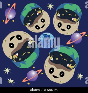Cute Space Teddy Pattern for Kids with Earth, Planets and Stars on Blue Background. Stock Vector