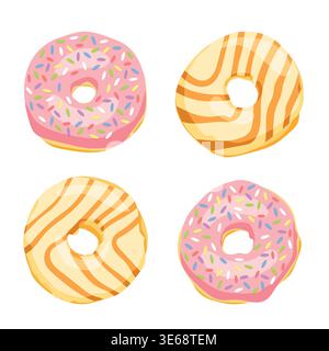 Cute flat vector set of 4 glazed donuts with sprinkles, pink and beige sweet dessert collection isolated on white background Stock Vector