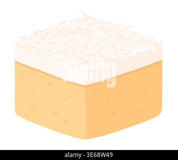 Coconut sheet cake piece illustration. Sponge cake with cream and shredded coconut. Cartoon vector clip art. Stock Vector