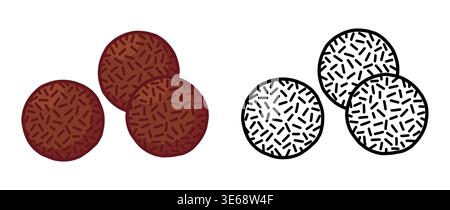 Brigadeiro, traditional Brazilian chocolate candy with sugar sprinkles. Color drawing and black and white line art. Simple vector clipart illustration Stock Vector